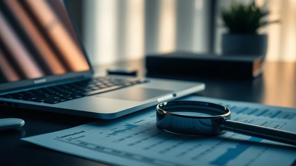 A close-up of a professional desk with a laptop and a magnif